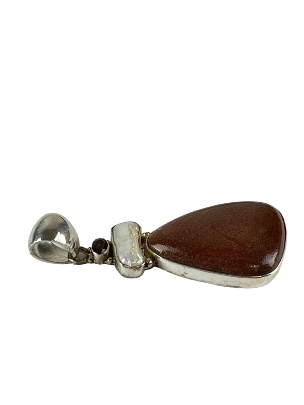 Sterling Silver Dark Red Stone Pendant with Garnet & Pearl - Picture 2 of 6